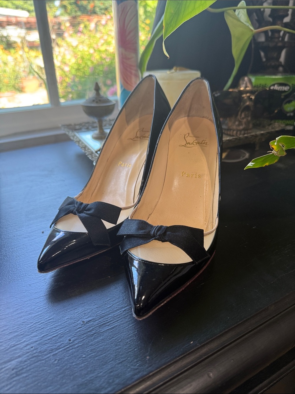 Christian Louboutin Black Patent and Cream Pointed-Toe Pumps with Bow